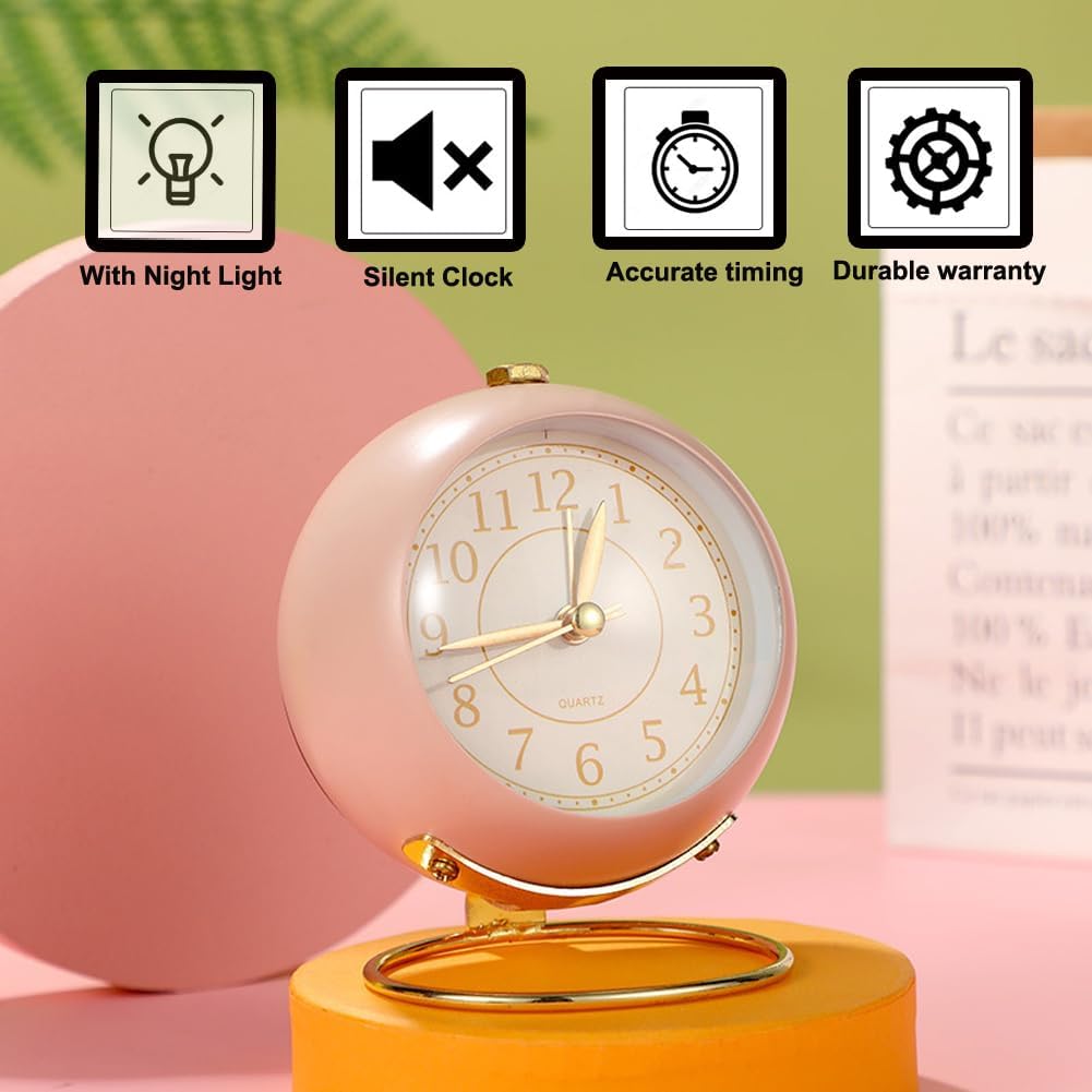 Small Tableclocks Classic Non-Ticking Tabletop Alarm Clock,Pink