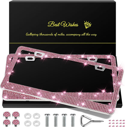 2 Pack Bling License Plate Frames for Women, Sparkly Rhinestone Diamond Car Accessories with Glitter Crystal Caps (Dark Pink)