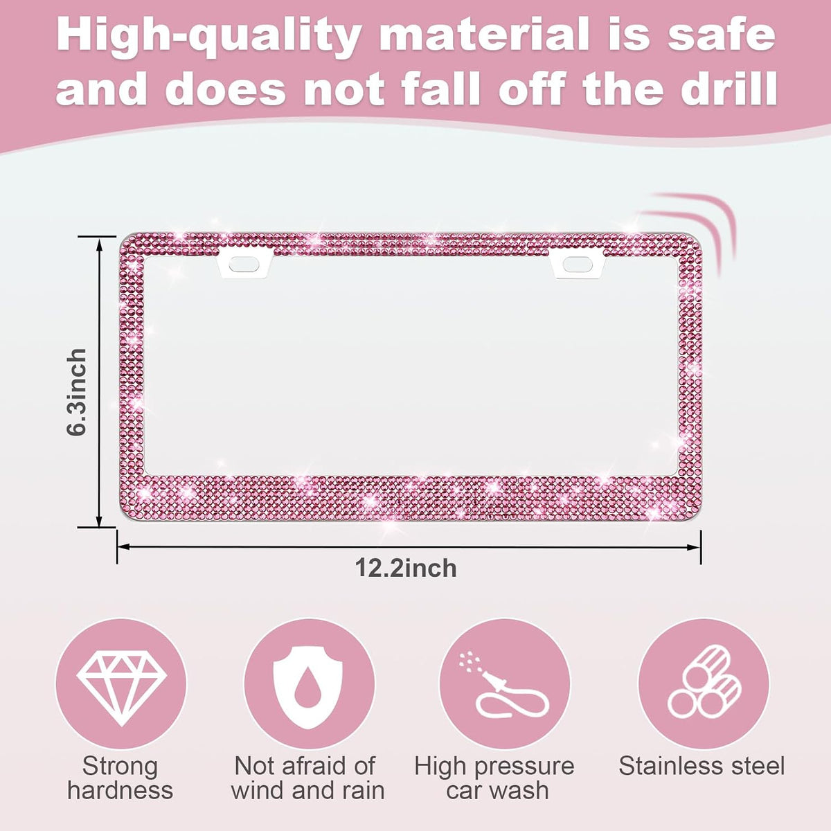 2 Pack Bling License Plate Frames for Women, Sparkly Rhinestone Diamond Car Accessories with Glitter Crystal Caps (Dark Pink)