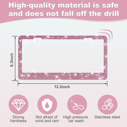 2 Pack Bling License Plate Frames for Women, Sparkly Rhinestone Diamond Car Accessories with Glitter Crystal Caps (Dark Pink)