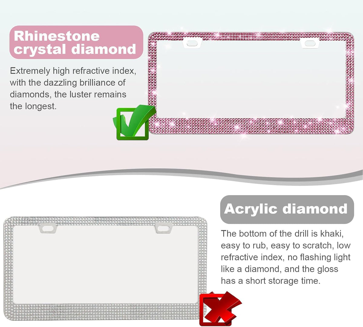 2 Pack Bling License Plate Frames for Women, Sparkly Rhinestone Diamond Car Accessories with Glitter Crystal Caps (Dark Pink)