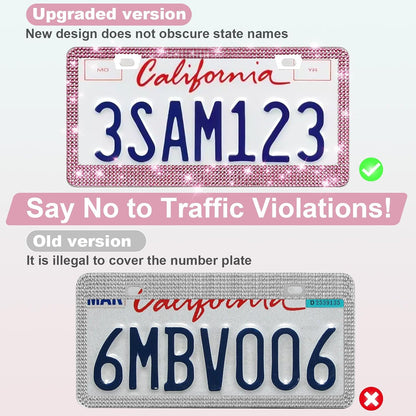 2 Pack Bling License Plate Frames for Women, Sparkly Rhinestone Diamond Car Accessories with Glitter Crystal Caps (Dark Pink)