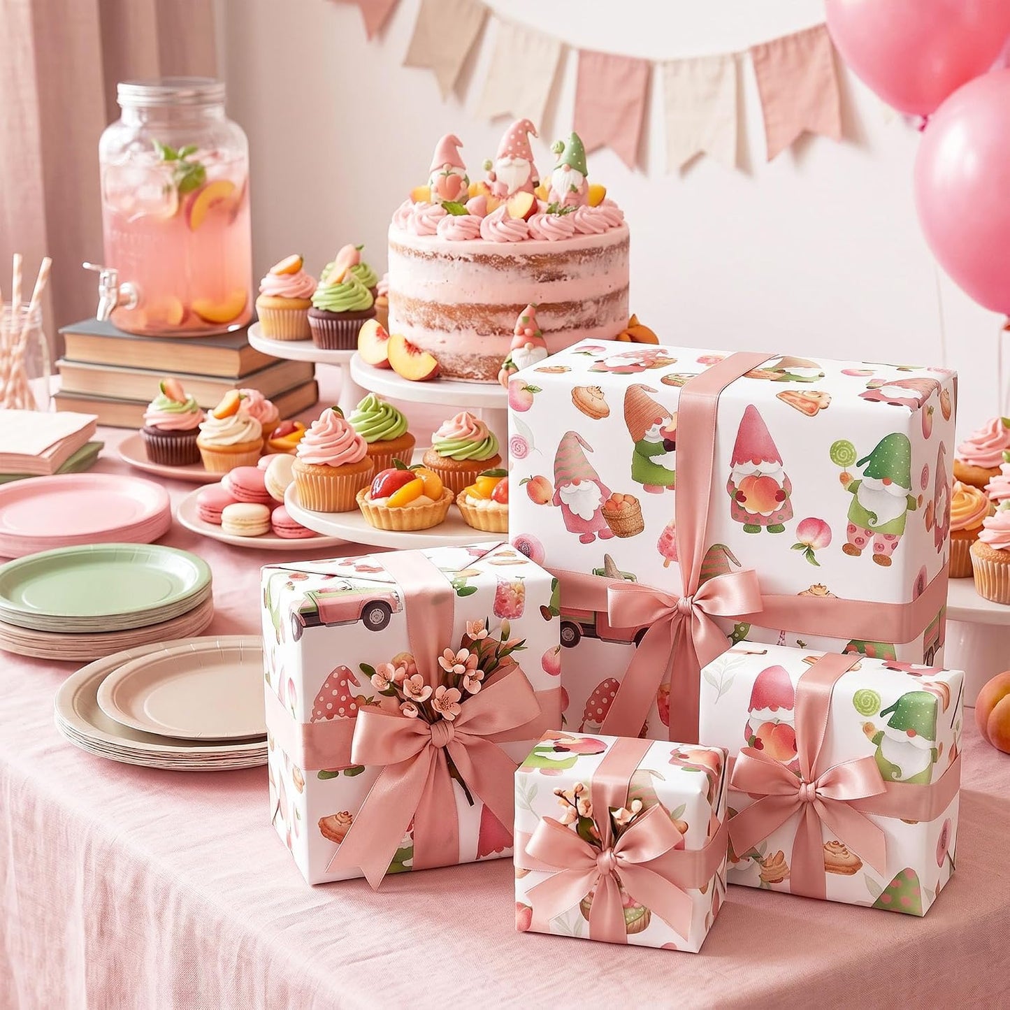 Peach Gnome Wrapping Paper - Mini Roll - 17 Inch x 16.4 Feet - Watercolor Sweet Peach Gift Wrap Summer Fruit Gift Packing Paper for Birthday Party Baby Shower Supplies