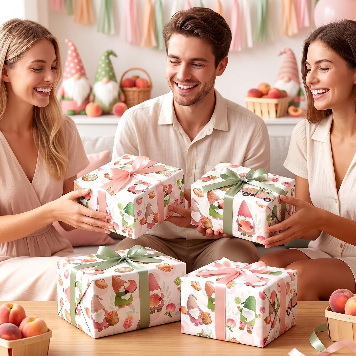 Peach Gnome Wrapping Paper - Mini Roll - 17 Inch x 16.4 Feet - Watercolor Sweet Peach Gift Wrap Summer Fruit Gift Packing Paper for Birthday Party Baby Shower Supplies