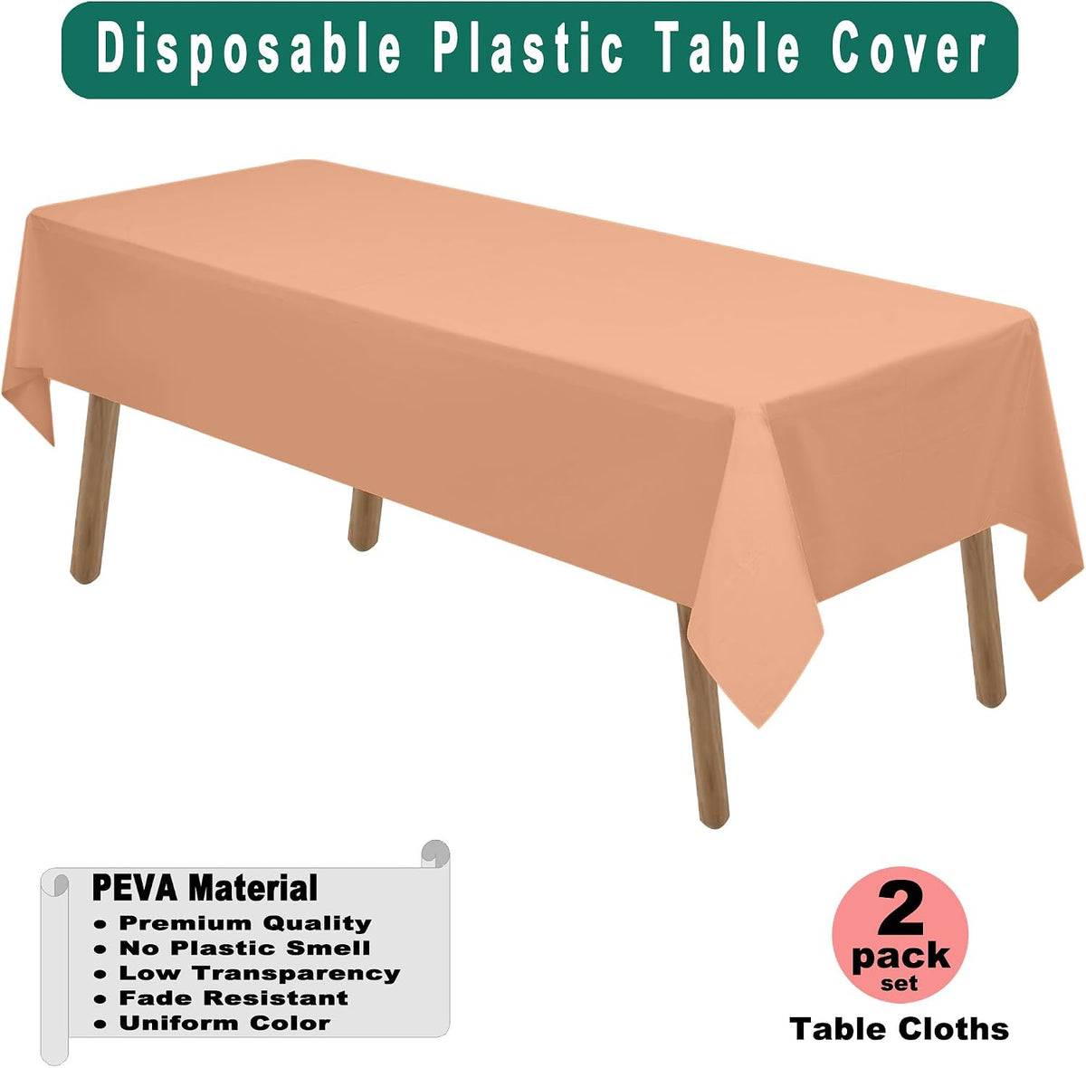 Peach Plastic Tablecloths 2 Pack Rose Gold Disposable Table Covers 54 x 108 Inch Bridal Shower PEVA Table Cloths for Picnic Birthday Wedding Banquet Parties 8 ft Rectangle Table Use