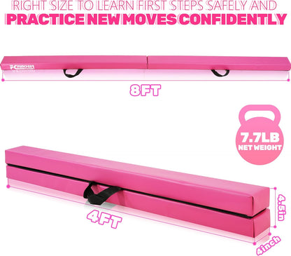 8FT Folding Balance Beam -Gymnastics Floor Beam -Gymnastics Equipment for Kids,Wood core- Anti-Slip Bottom and Carrying Bag for Home