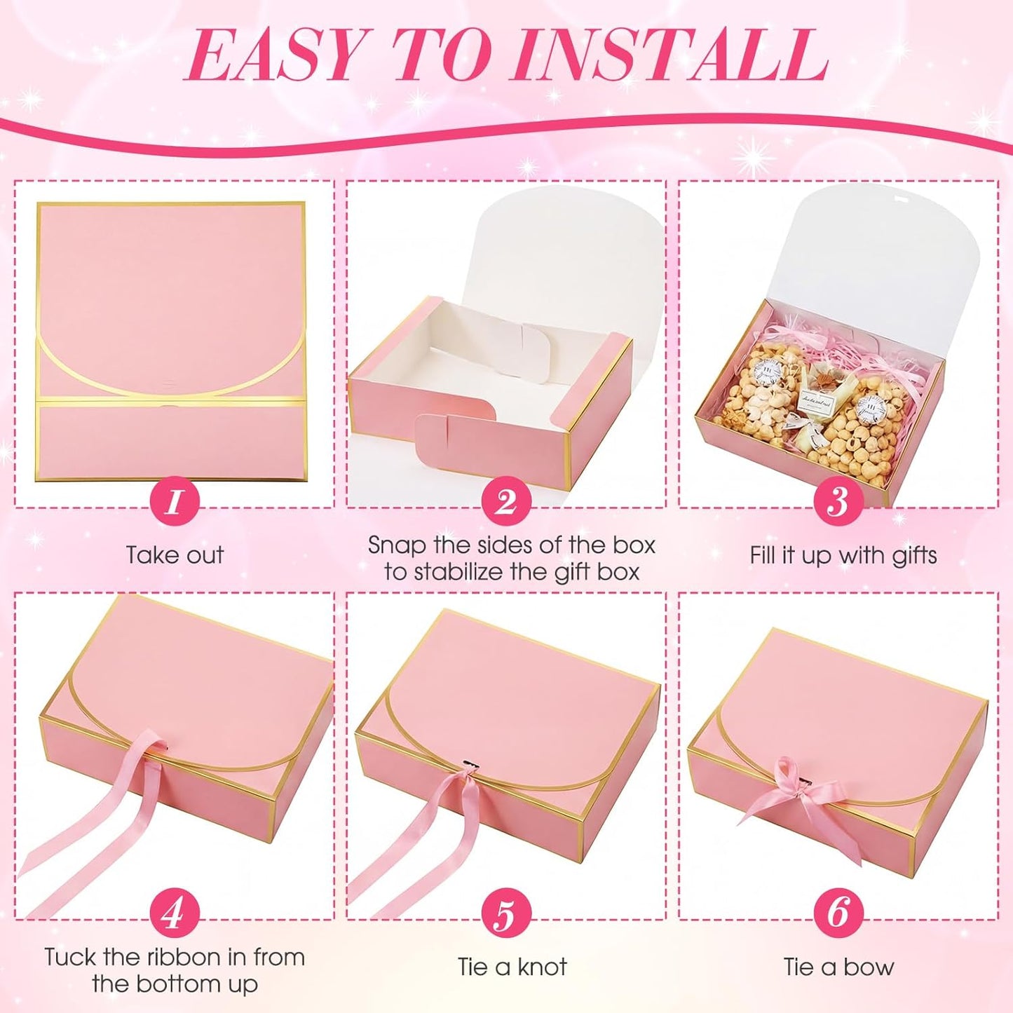 20 Pack Pink Gift Boxes with Lids Bulk 10.6x7.8x3.1inch Pink Gift Boxes with Gold Ribbons Bridesmaid Proposal Box for Presents, Wedding, Birthday, Valentine's Day, Baby Shower, Anniversary