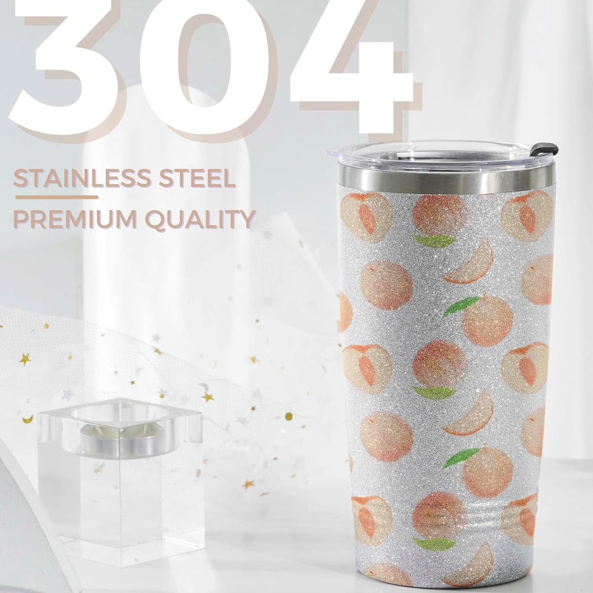 Peach Gifts for Women/Girls, Unique Design Peach Glitter Tumbler with Lid & Straw, for Christmas, Birthday, Perfect Gifts for Peach Lovers, Cute Peach Lover Gift