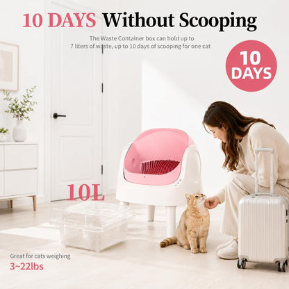 Self Cleaning Litter Box, Open-Top Automatic Cat Litter Box, with 10L Large Waste Container, Easy Maintenance, Bright Pink