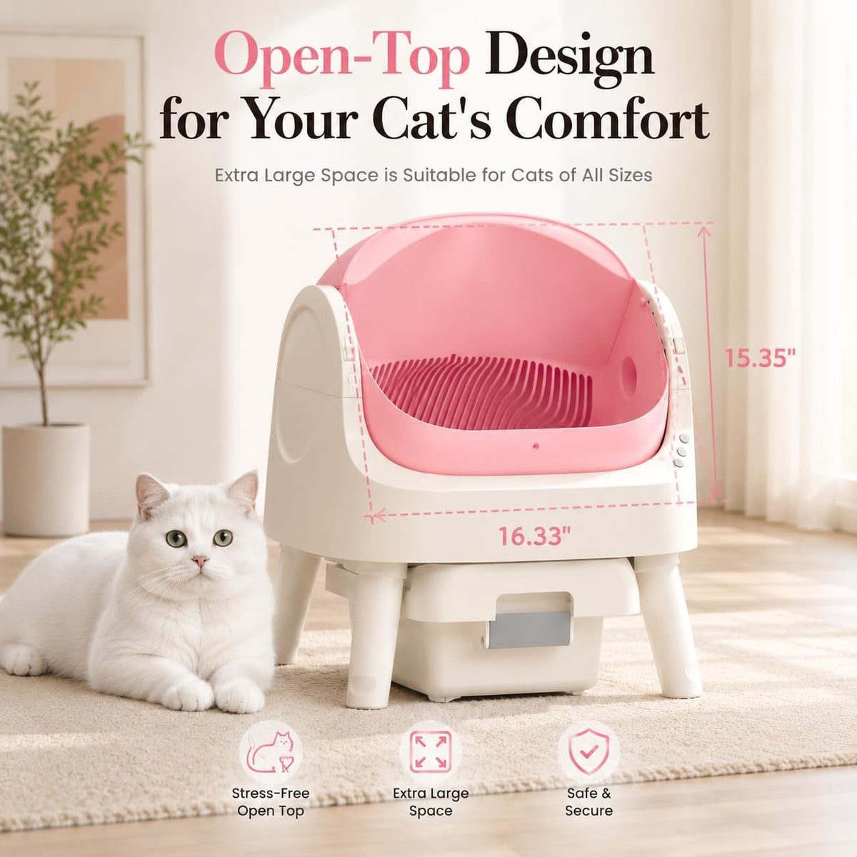 Self Cleaning Litter Box, Open-Top Automatic Cat Litter Box, with 10L Large Waste Container, Easy Maintenance, Bright Pink