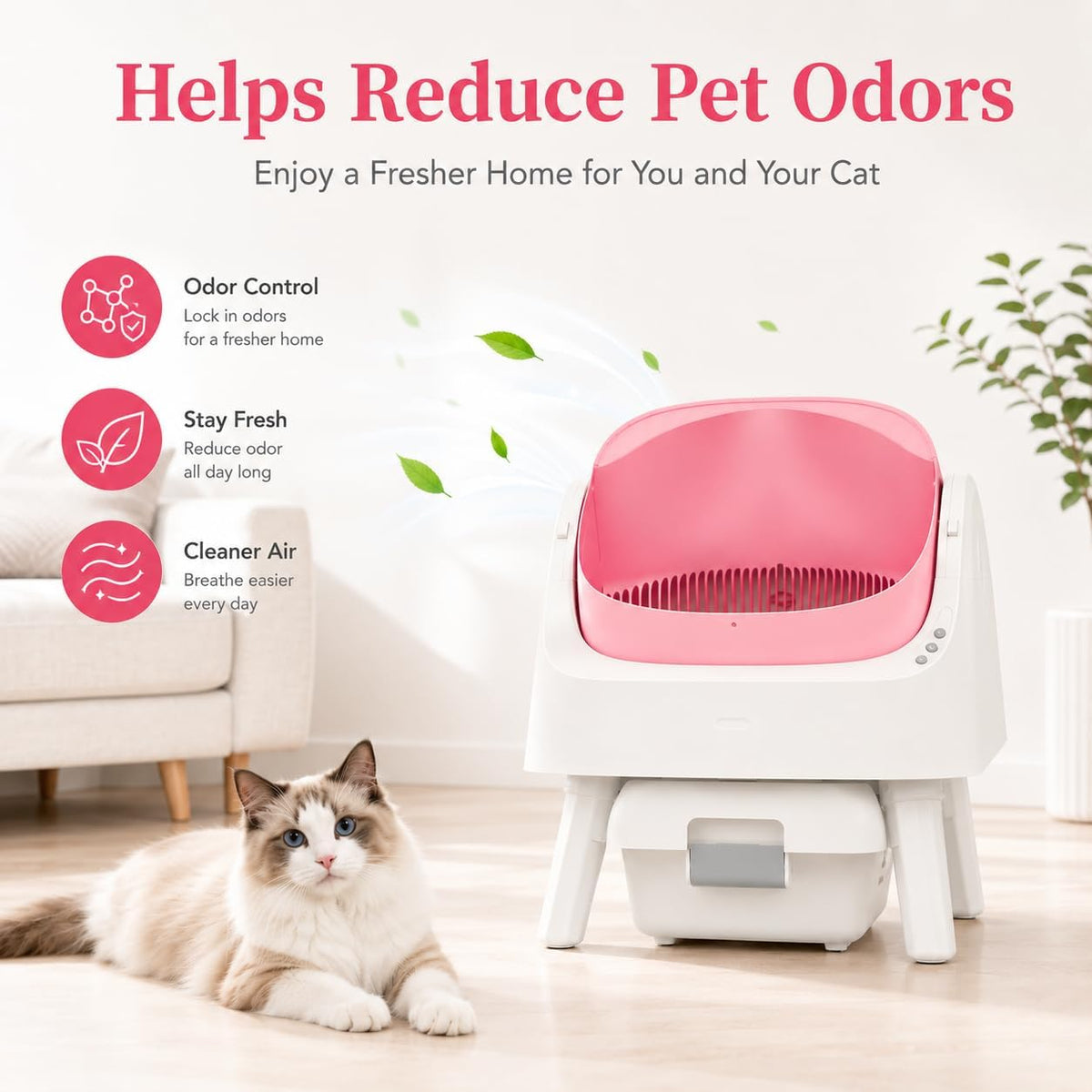 Self Cleaning Litter Box, Open-Top Automatic Cat Litter Box, with 10L Large Waste Container, Easy Maintenance, Bright Pink