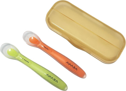 Baby Spoons with Travel Case, Soft Silicone 2-Pack, Non-slip