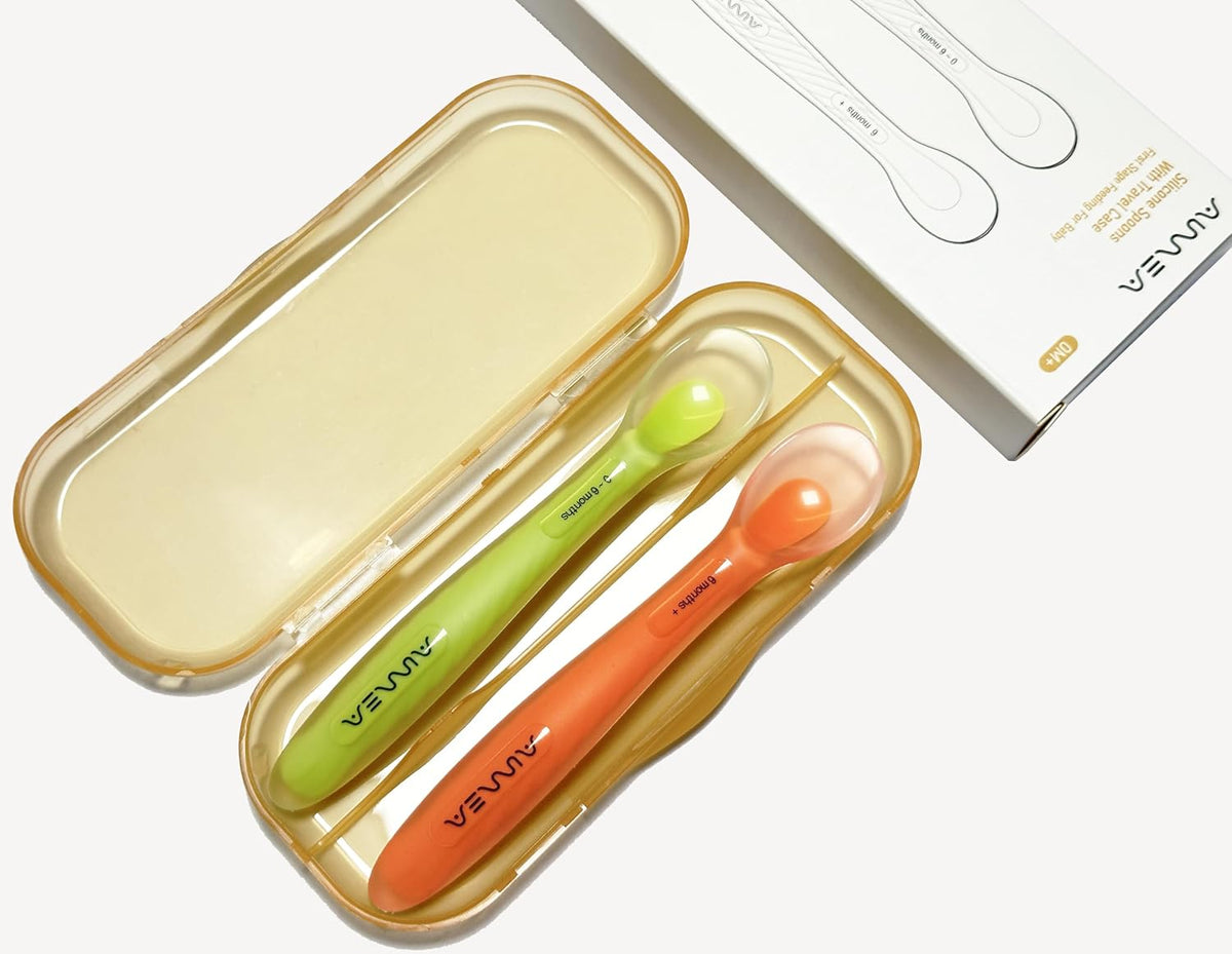 Baby Spoons with Travel Case, Soft Silicone 2-Pack, Non-slip