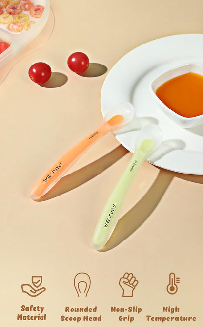 Baby Spoons with Travel Case, Soft Silicone 2-Pack, Non-slip
