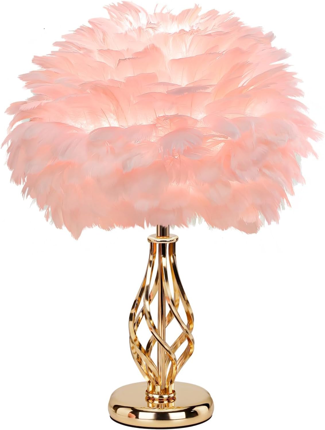 Feather Table Lamp with Unique Golden Spiral Cage Base - 3-Color Temperature Light, Perfect for Girls' Bedroom Bedside (Spiral-Pink)