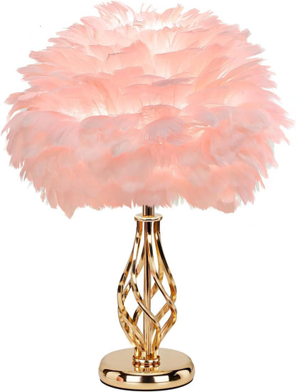 Feather Table Lamp with Unique Golden Spiral Cage Base - 3-Color Temperature Light, Perfect for Girls' Bedroom Bedside (Spiral-Pink)