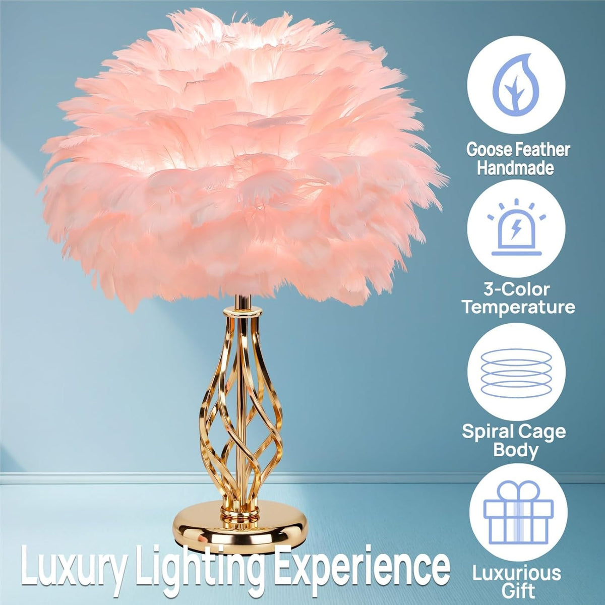 Feather Table Lamp with Unique Golden Spiral Cage Base - 3-Color Temperature Light, Perfect for Girls' Bedroom Bedside (Spiral-Pink)