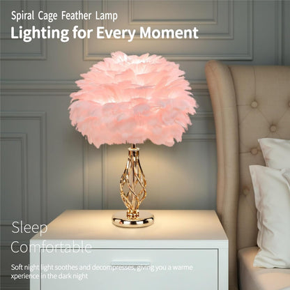 Feather Table Lamp with Unique Golden Spiral Cage Base - 3-Color Temperature Light, Perfect for Girls' Bedroom Bedside (Spiral-Pink)