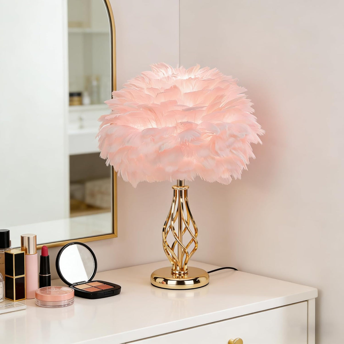 Feather Table Lamp with Unique Golden Spiral Cage Base - 3-Color Temperature Light, Perfect for Girls' Bedroom Bedside (Spiral-Pink)