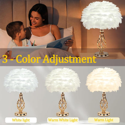 Feather Table Lamp with Unique Golden Spiral Cage Base - 3-Color Temperature Light, Perfect for Girls' Bedroom Bedside (Spiral-Pink)