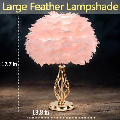 Feather Table Lamp with Unique Golden Spiral Cage Base - 3-Color Temperature Light, Perfect for Girls' Bedroom Bedside (Spiral-Pink)