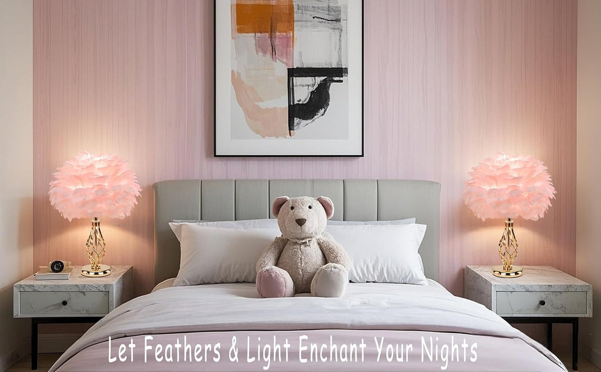 Feather Table Lamp with Unique Golden Spiral Cage Base - 3-Color Temperature Light, Perfect for Girls' Bedroom Bedside (Spiral-Pink)