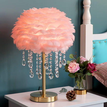 Meefad Feather Bedside Lamp, Elegant Night Light, Crystal Desk Lamp Decorative Table Lamp, Girls Night Light for Bedroom (Pink)