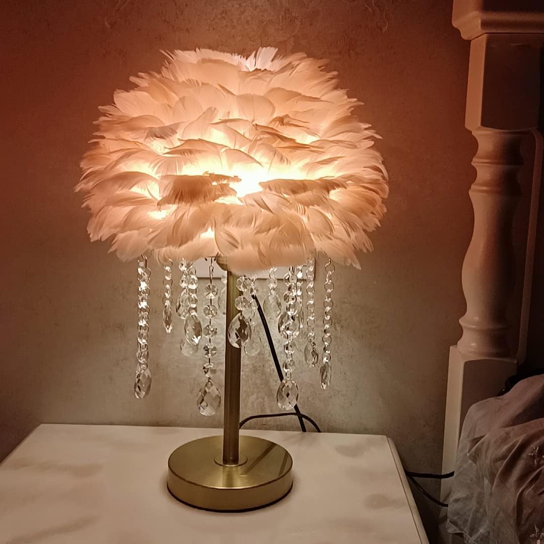 Meefad Feather Bedside Lamp, Elegant Night Light, Crystal Desk Lamp Decorative Table Lamp, Girls Night Light for Bedroom (Pink)