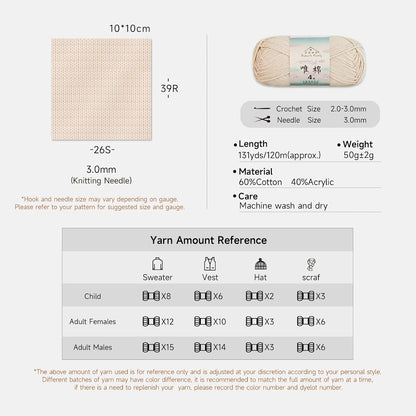 Combed Cotton 4 ply Yarn 5x50g-5Packs-03#Peach Fuzz