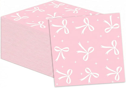 ArtSocket 100 Pcs Pink Bow Party Napkins 2 Ply Disposable Paper Napkins for Coquette Themed Party Decorations for Girls Baby Home Kitchen Birthday Party Supplies, 6.5 x 6.5 Inch