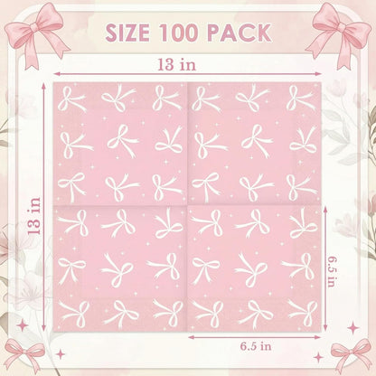 ArtSocket 100 Pcs Pink Bow Party Napkins 2 Ply Disposable Paper Napkins for Coquette Themed Party Decorations for Girls Baby Home Kitchen Birthday Party Supplies, 6.5 x 6.5 Inch