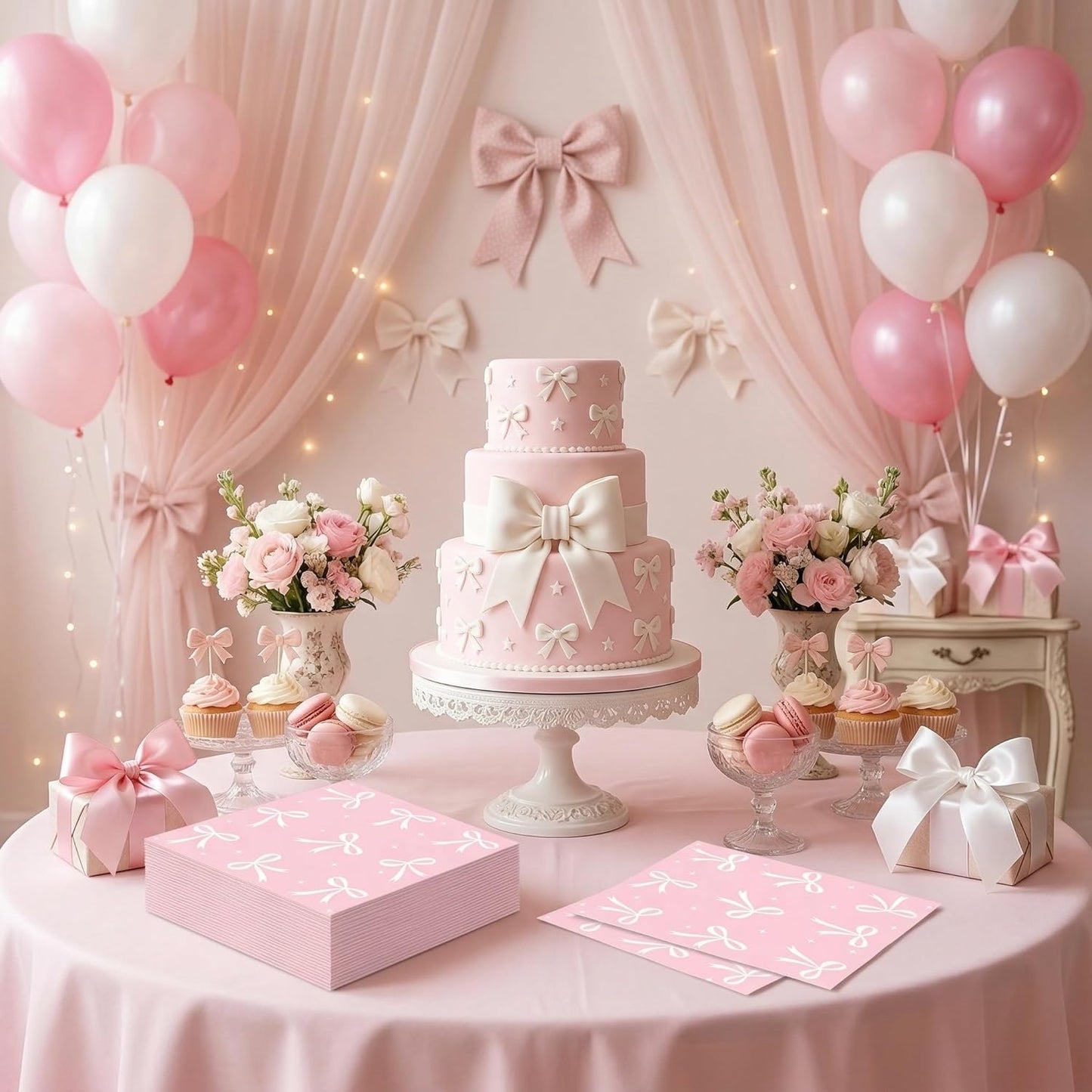ArtSocket 100 Pcs Pink Bow Party Napkins 2 Ply Disposable Paper Napkins for Coquette Themed Party Decorations for Girls Baby Home Kitchen Birthday Party Supplies, 6.5 x 6.5 Inch