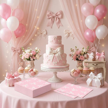 ArtSocket 100 Pcs Pink Bow Party Napkins 2 Ply Disposable Paper Napkins for Coquette Themed Party Decorations for Girls Baby Home Kitchen Birthday Party Supplies, 6.5 x 6.5 Inch