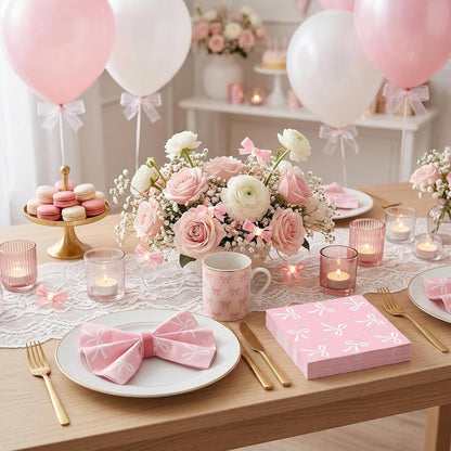 ArtSocket 100 Pcs Pink Bow Party Napkins 2 Ply Disposable Paper Napkins for Coquette Themed Party Decorations for Girls Baby Home Kitchen Birthday Party Supplies, 6.5 x 6.5 Inch