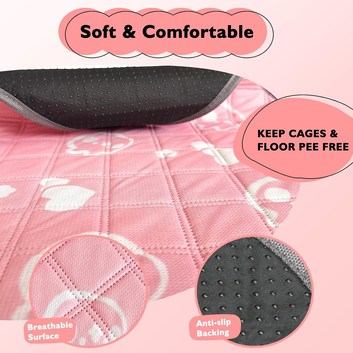 4 Pack Guinea Pig Bedding - Washable Guinea Pig Liners for C&C 2x1 Cage, Waterproof Reusable & Anti Slip Pee Pads Super Absorbent Mats for Small Animal Rabbit Hamster Rat (Pink, 28 x 14 Inch)