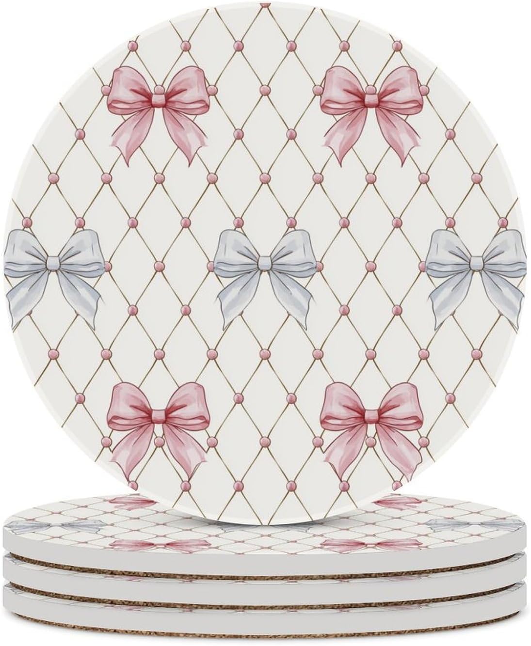 Pastel Pink and Light Blue Ribbon Bows Trellis Ceramic Coasters Set of 4 with Cork Back Absorbent Drink Coasters