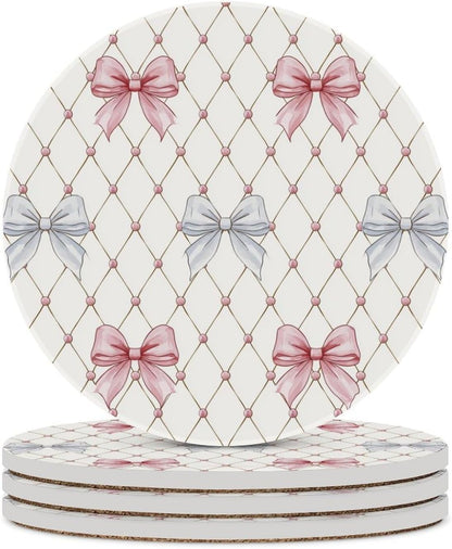 Pastel Pink and Light Blue Ribbon Bows Trellis Ceramic Coasters Set of 4 with Cork Back Absorbent Drink Coasters
