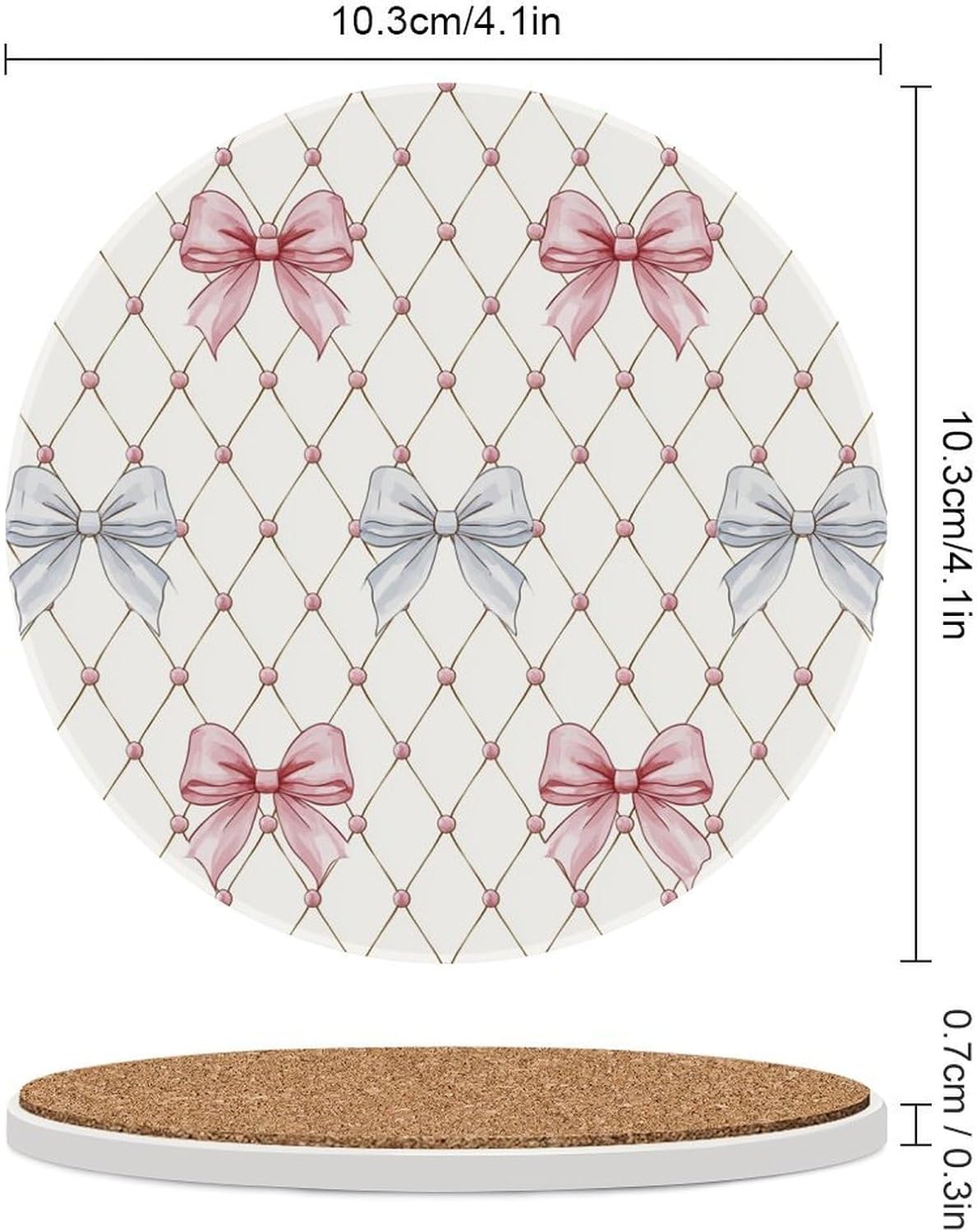 Pastel Pink and Light Blue Ribbon Bows Trellis Ceramic Coasters Set of 4 with Cork Back Absorbent Drink Coasters