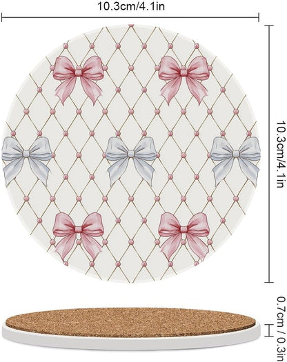 Pastel Pink and Light Blue Ribbon Bows Trellis Ceramic Coasters Set of 4 with Cork Back Absorbent Drink Coasters