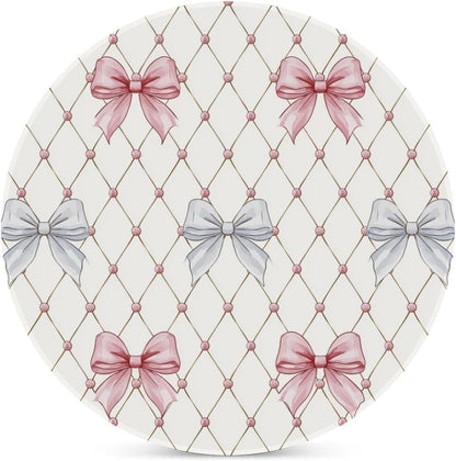 Pastel Pink and Light Blue Ribbon Bows Trellis Ceramic Coasters Set of 4 with Cork Back Absorbent Drink Coasters