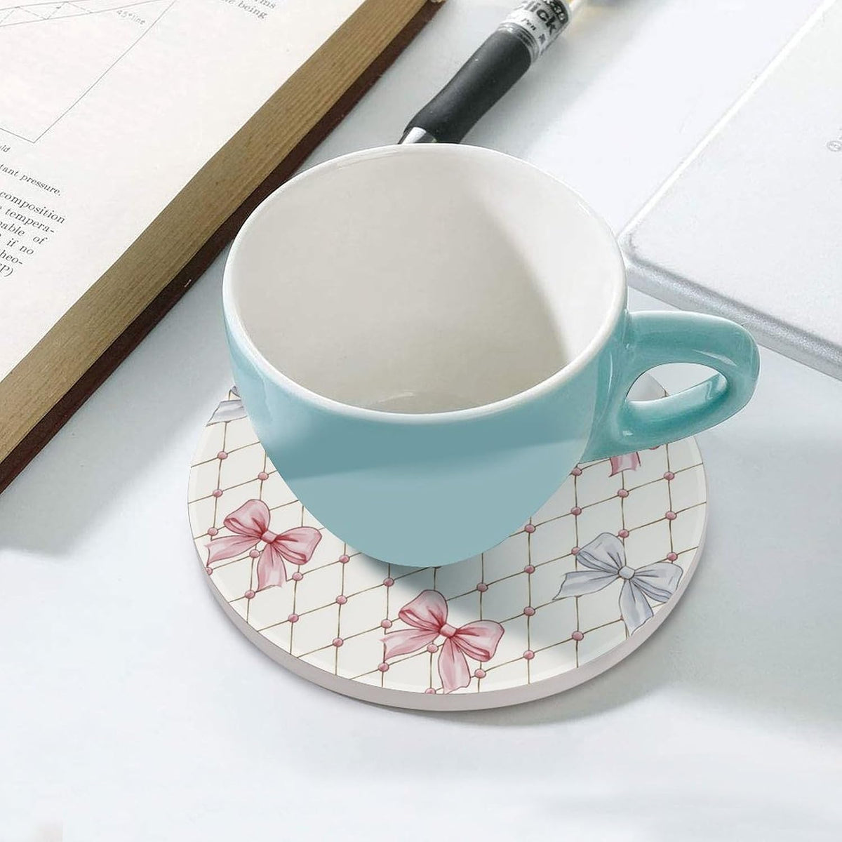 Pastel Pink and Light Blue Ribbon Bows Trellis Ceramic Coasters Set of 4 with Cork Back Absorbent Drink Coasters