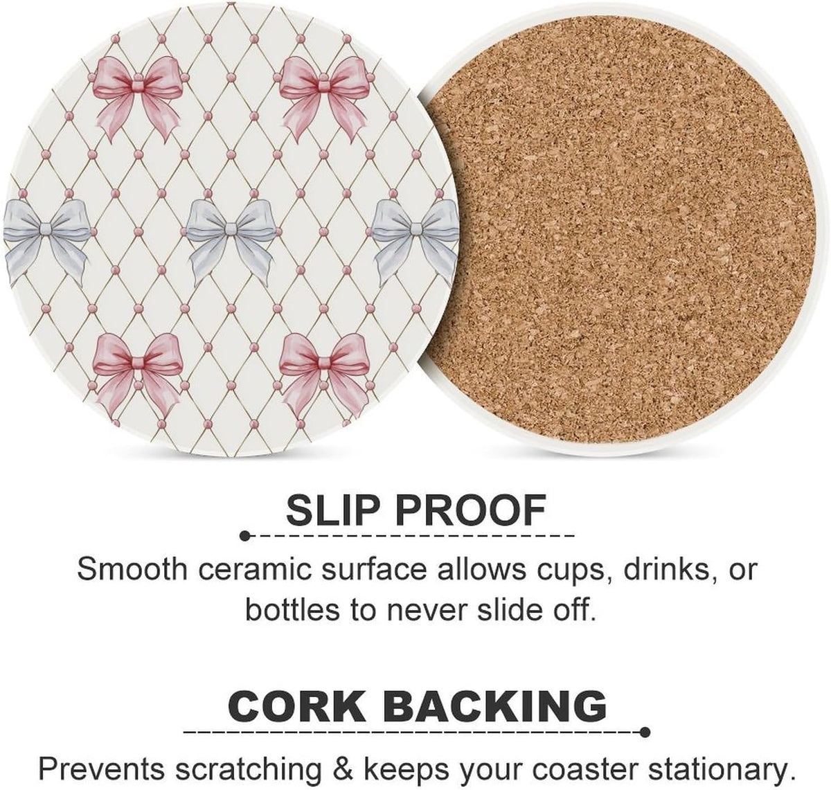 Pastel Pink and Light Blue Ribbon Bows Trellis Ceramic Coasters Set of 4 with Cork Back Absorbent Drink Coasters