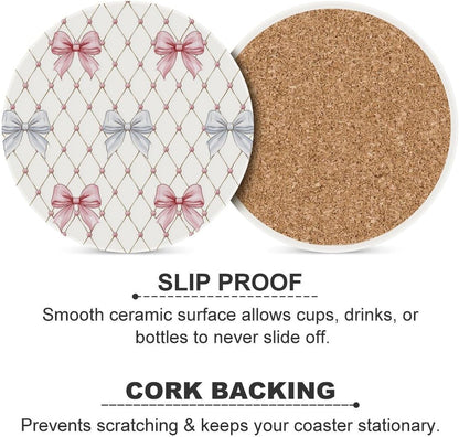 Pastel Pink and Light Blue Ribbon Bows Trellis Ceramic Coasters Set of 4 with Cork Back Absorbent Drink Coasters