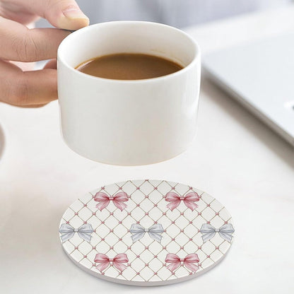 Pastel Pink and Light Blue Ribbon Bows Trellis Ceramic Coasters Set of 4 with Cork Back Absorbent Drink Coasters