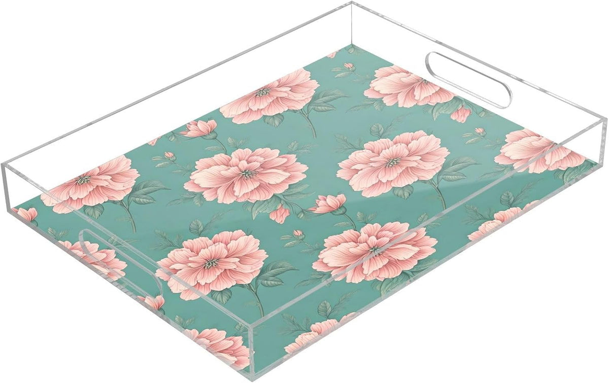 Pink Floral Pattern Serving Tray with Handles, 12x16 Inch Decorative Acrylic Tray Organizer, Multi-Purpose Sturdy Serving Platter for Coffee Table, Kitchen, Vanity, Nightstand