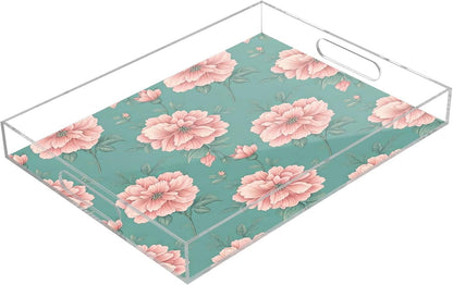 Pink Floral Pattern Serving Tray with Handles, 12x16 Inch Decorative Acrylic Tray Organizer, Multi-Purpose Sturdy Serving Platter for Coffee Table, Kitchen, Vanity, Nightstand