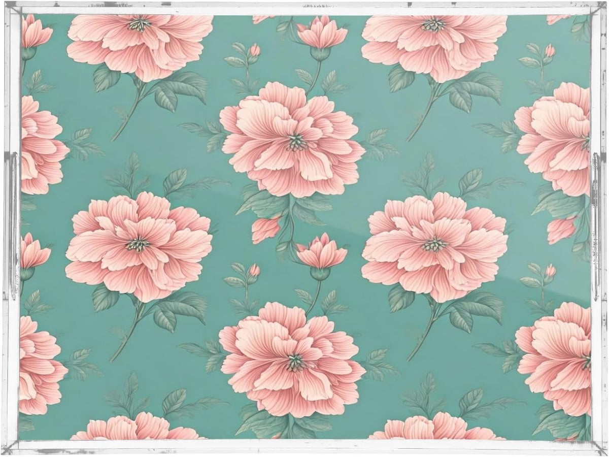 Pink Floral Pattern Serving Tray with Handles, 12x16 Inch Decorative Acrylic Tray Organizer, Multi-Purpose Sturdy Serving Platter for Coffee Table, Kitchen, Vanity, Nightstand