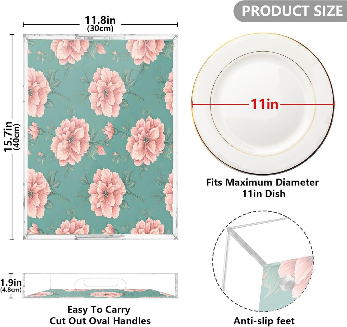 Pink Floral Pattern Serving Tray with Handles, 12x16 Inch Decorative Acrylic Tray Organizer, Multi-Purpose Sturdy Serving Platter for Coffee Table, Kitchen, Vanity, Nightstand
