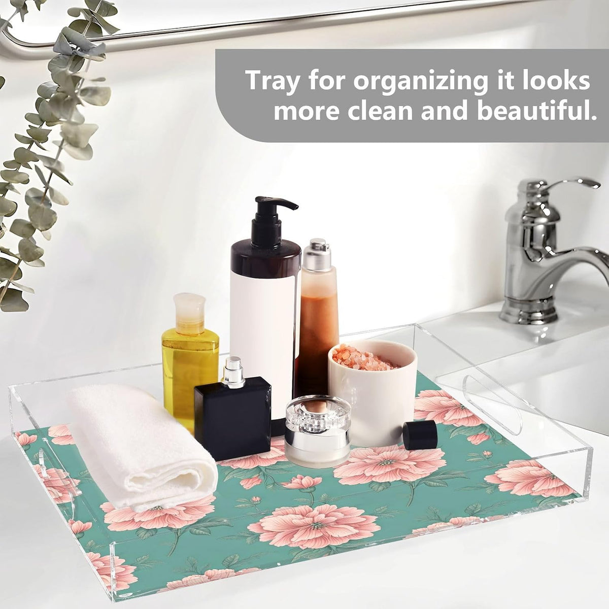Pink Floral Pattern Serving Tray with Handles, 12x16 Inch Decorative Acrylic Tray Organizer, Multi-Purpose Sturdy Serving Platter for Coffee Table, Kitchen, Vanity, Nightstand