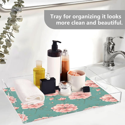 Pink Floral Pattern Serving Tray with Handles, 12x16 Inch Decorative Acrylic Tray Organizer, Multi-Purpose Sturdy Serving Platter for Coffee Table, Kitchen, Vanity, Nightstand